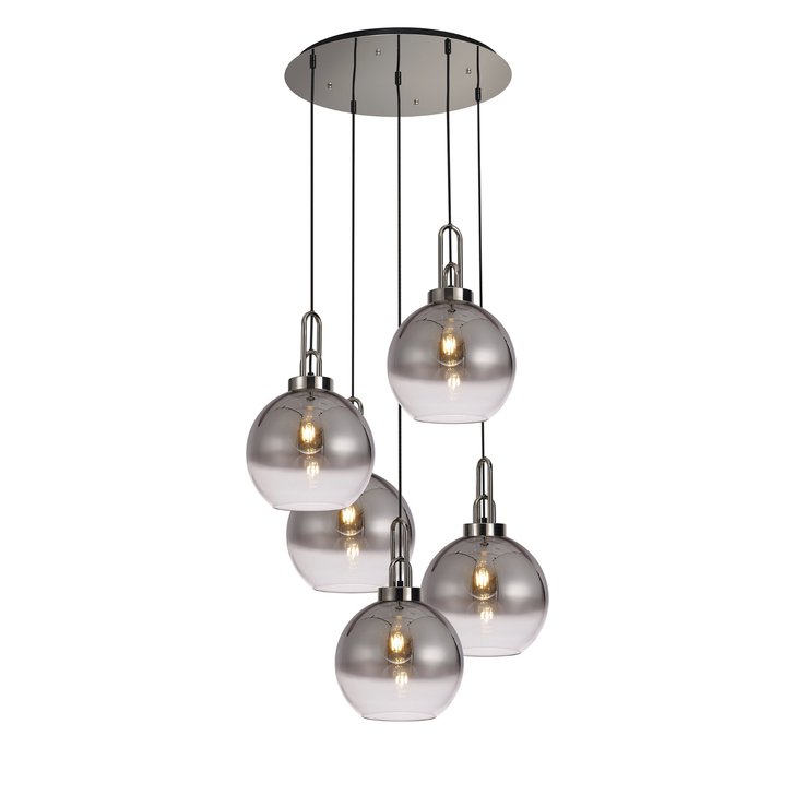 Idolite Camille Round 5 Light Pendant With 30cm Globe Glass, Polished Nickel/Matt Black Smoked/Clear