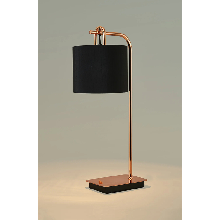 Idolite Camille Table Lamp, 1 Light E27, Copper/Matt Black/Black 20x16.5cm Faux Silk Shade