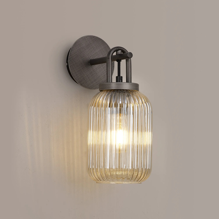 Idolite Camille Wall Light Switched, 1 x E27, Aged Pewter With 14cm Tubular Ribbed Glass, Champagne