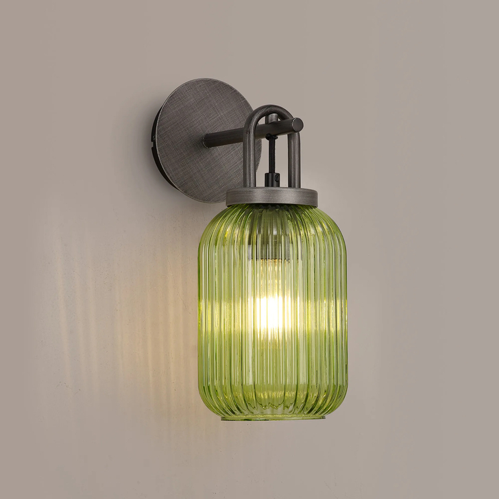 Idolite Camille Wall Light Switched, 1 x E27, Aged Pewter With 14cm Tubular Ribbed Glass, Green