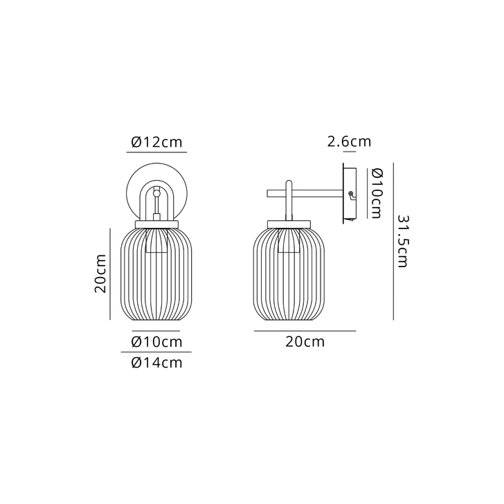 Idolite Camille Wall Light Switched, 1 x E27, Antique Silver With 14cm Tubular Ribbed Glass, Petrol Blue