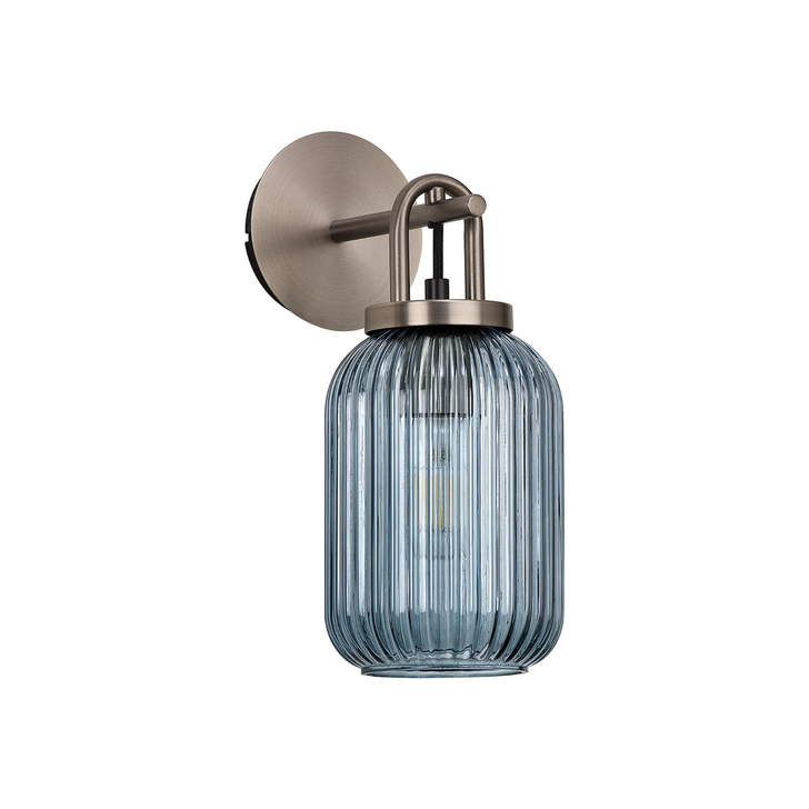 Idolite Camille Wall Light Switched, 1 x E27, Antique Silver With 14cm Tubular Ribbed Glass, Petrol Blue