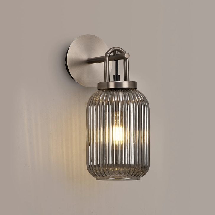 Idolite Camille Wall Light Switched, 1 x E27, Antique Silver With 14cm Tubular Ribbed Glass, Smoked