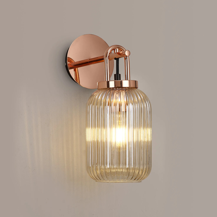 Idolite Camille Wall Light Switched, 1 x E27, Copper With 14cm Tubular Ribbed Glass, Champagne