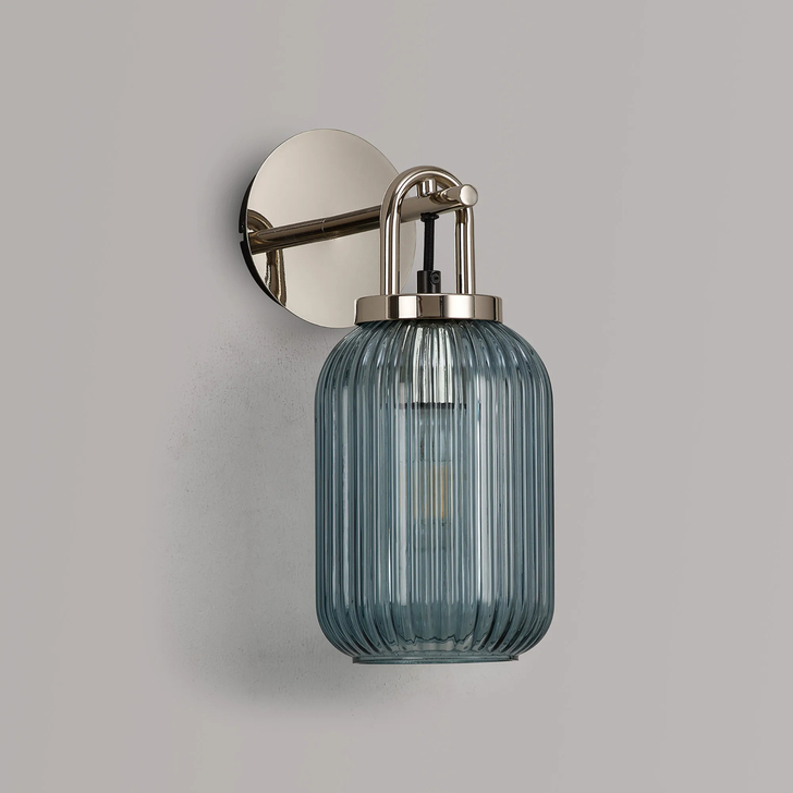 Idolite Camille Wall Light Switched, 1 x E27, Polished Nickel With 14cm Tubular Ribbed Glass, Petrol Blue