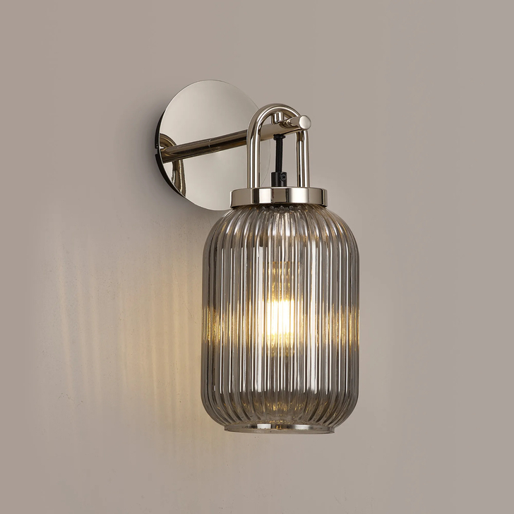 Idolite Camille Wall Light Switched, 1 x E27, Polished Nickel With 14cm Tubular Ribbed Glass, Smoked