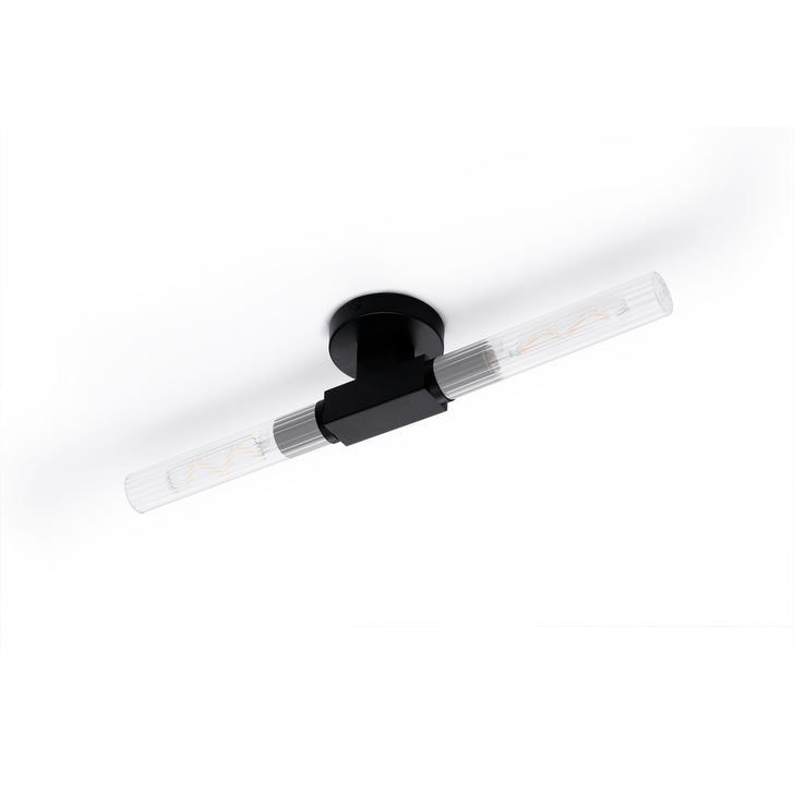 Idolite Carey Satin Black 2 Light Flush Bathroom Ceiling Light With Clear Ribbed Glass Shades - IP44