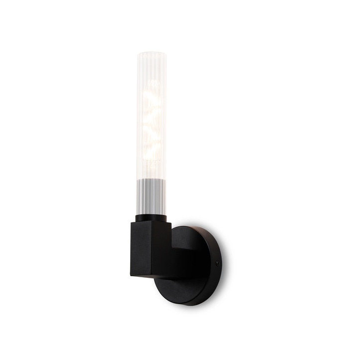 Idolite Carey Satin Black Bathroom Wall Light With Clear Ribbed Glass Shade - IP44