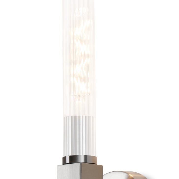 Idolite Carey Satin Nickel Bathroom Wall Light With Clear Ribbed Glass Shade - IP44