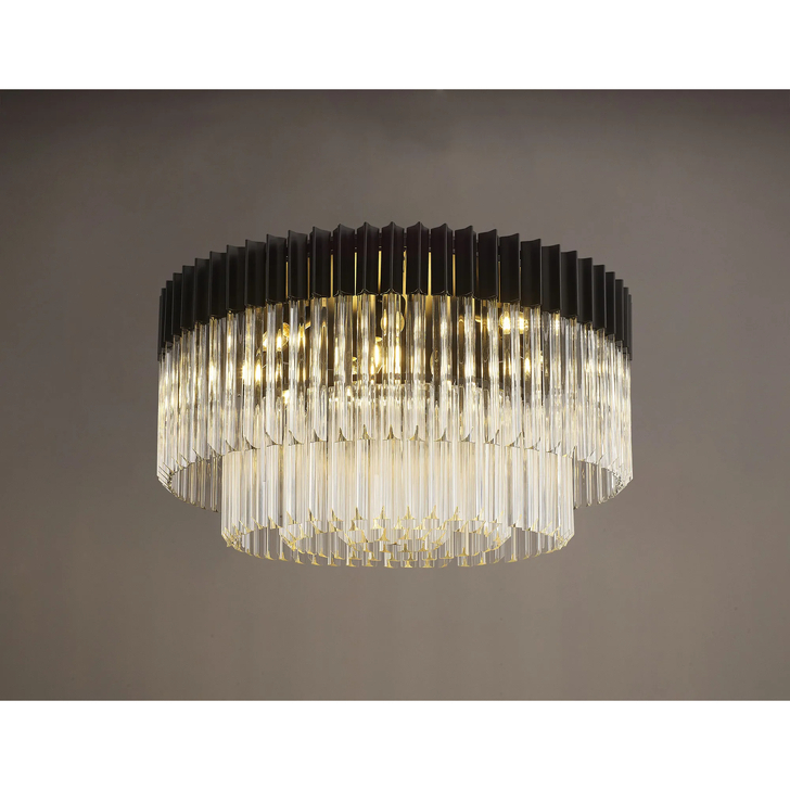 Idolite Carpathian 12 Light Extra Large Round Flush Ceiling Light Chandelier In Black With Clear Glass