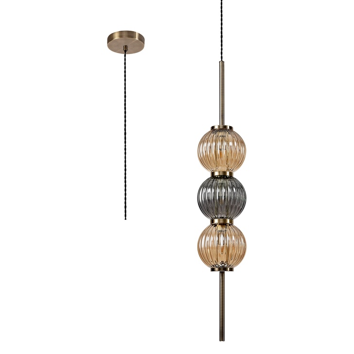 Idolite Cascade Antique Brass Finish 3 Light Pendant With Smoked & Amber Ribbed Glass