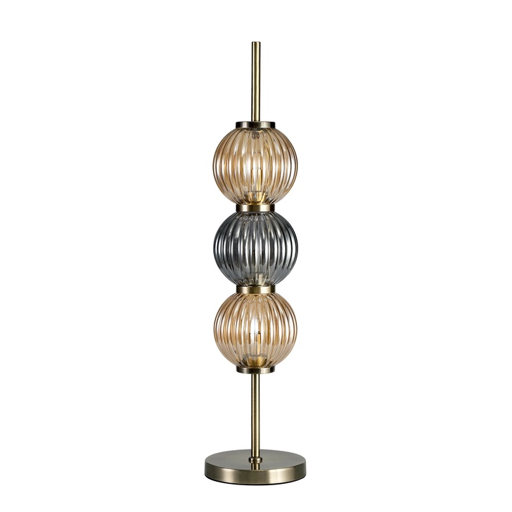 Idolite Cascade Antique Brass Finish 3 Light Table Lamp With Smoked & Amber Ribbed Glass