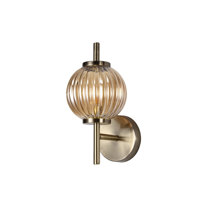 Idolite Cascade Antique Brass Finish Single Wall Light With Ribbed Amber Glass