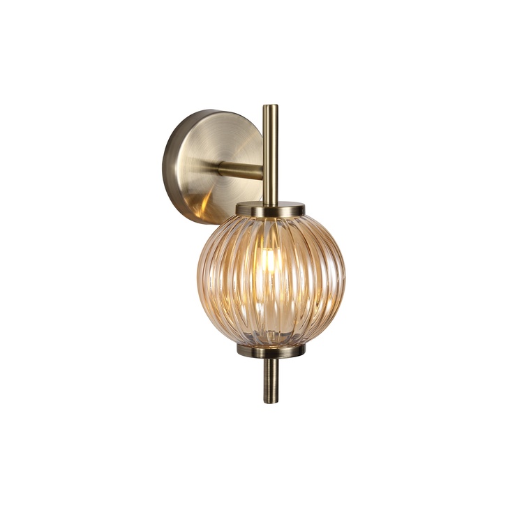 Idolite Cascade Antique Brass Finish Single Wall Light With Ribbed Amber Glass