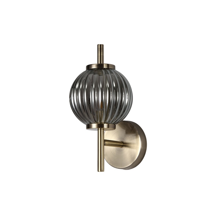 Idolite Cascade Antique Brass Finish Single Wall Light With Ribbed Smoke Glass