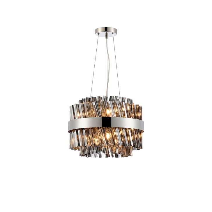 Idolite Caspian 10 Light Round Pendant Polished Nickel With Smoked Glass Rods