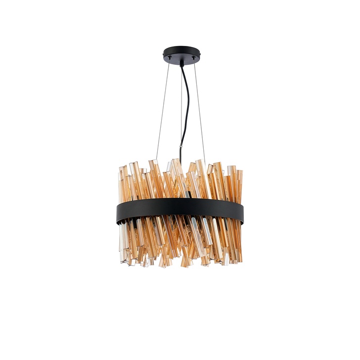 Idolite Caspian 10 Light Round Pendant Satin Black With Amber Glass Rods