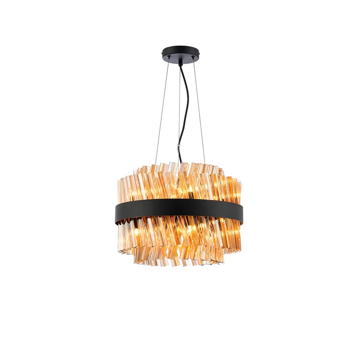 Idolite Caspian 10 Light Round Pendant Satin Black With Amber Glass Rods