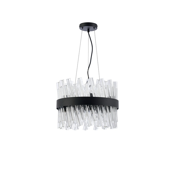 Idolite Caspian 10 Light Round Pendant Satin Black With Clear Glass Rods