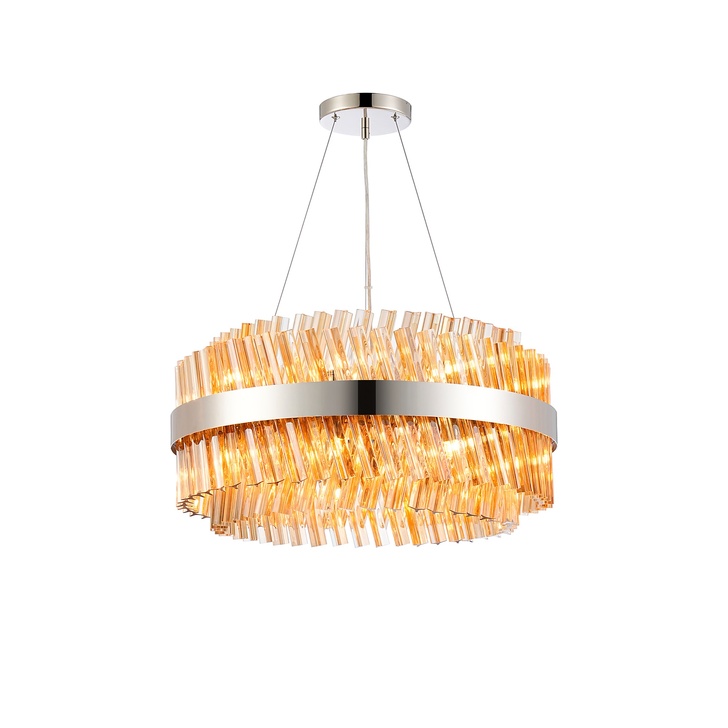 Idolite Caspian 18 Light Round Pendant Polished Nickel With Amber Glass Rods