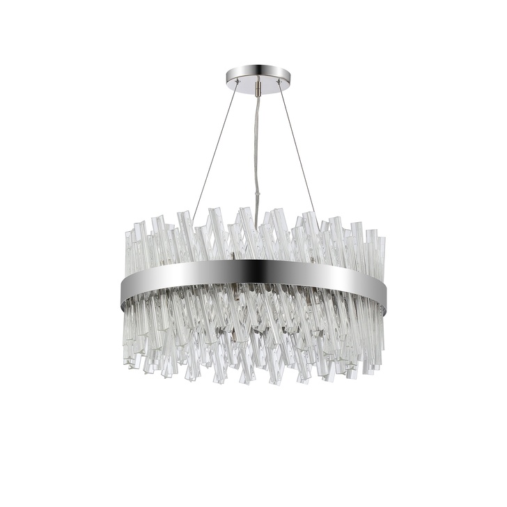 Idolite Caspian 18 Light Round Pendant Polished Nickel With Clear Glass Rods