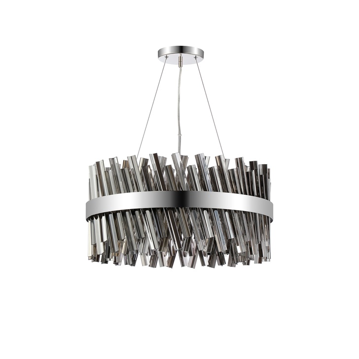 Idolite Caspian 18 Light Round Pendant Polished Nickel With Smoked Glass Rods