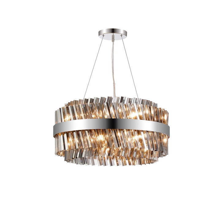 Idolite Caspian 18 Light Round Pendant Polished Nickel With Smoked Glass Rods