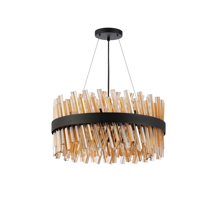 Idolite Caspian 18 Light Round Pendant Satin Black With Amber Glass Rods