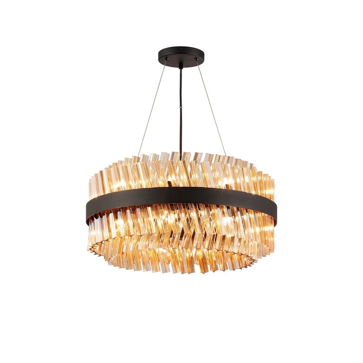 Idolite Caspian 18 Light Round Pendant Satin Black With Amber Glass Rods