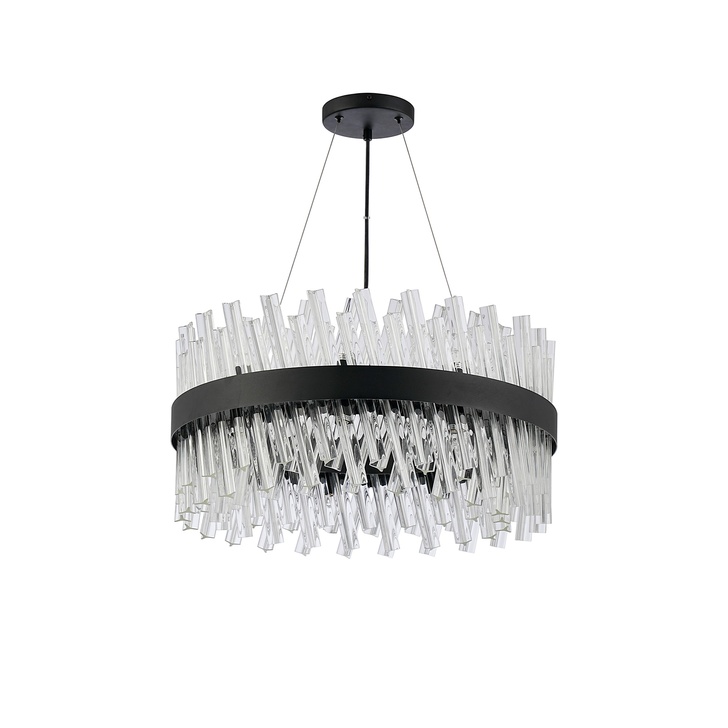 Idolite Caspian 18 Light Round Pendant Satin Black With Clear Glass Rods