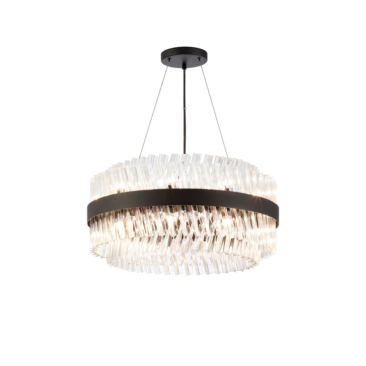 Idolite Caspian 18 Light Round Pendant Satin Black With Clear Glass Rods