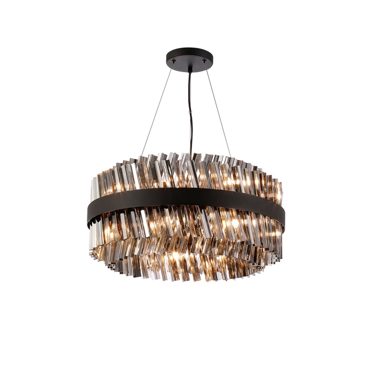 Idolite Caspian 18 Light Round Pendant Satin Black With Smoked Glass Rods