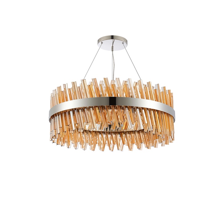 Idolite Caspian 24 Light Round Pendant Polished Nickel With Amber Glass Rods