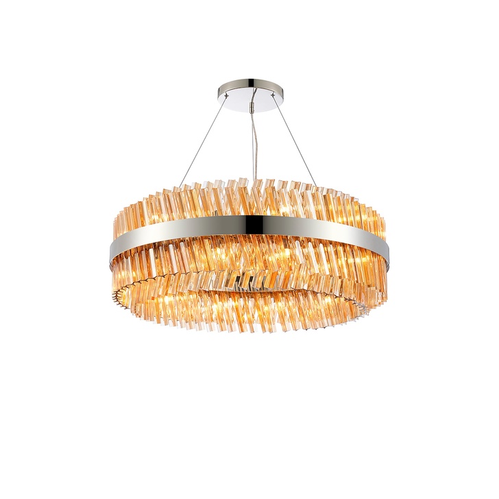 Idolite Caspian 24 Light Round Pendant Polished Nickel With Amber Glass Rods