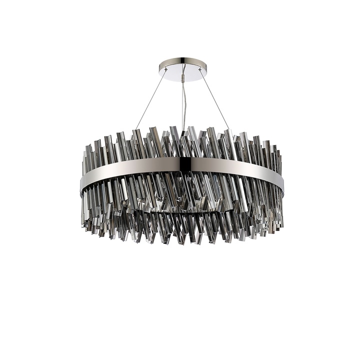 Idolite Caspian 24 Light Round Pendant Polished Nickel With Smoked Glass Rods