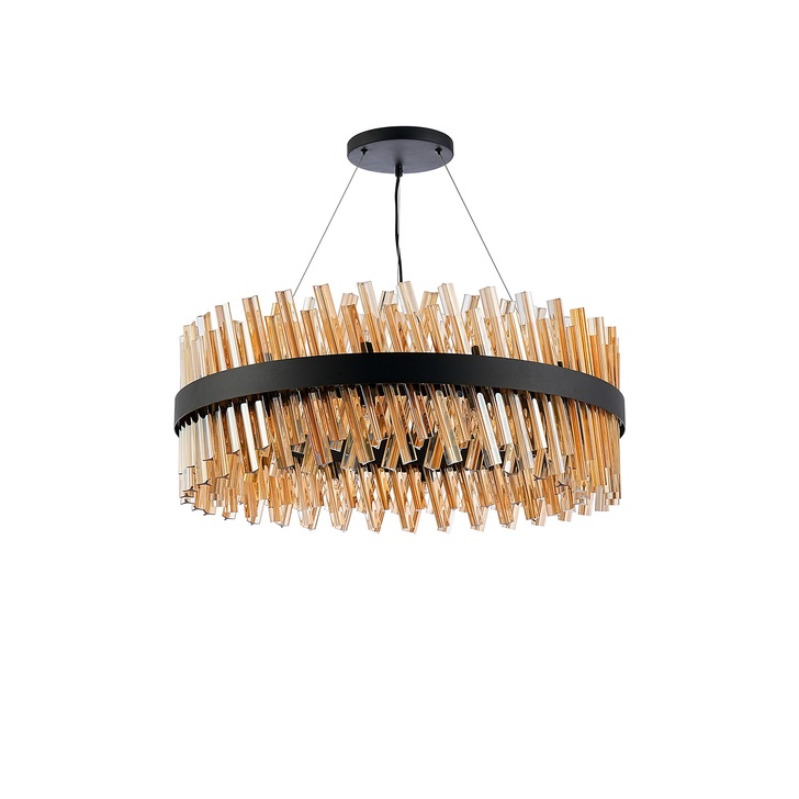 Idolite Caspian 24 Light Round Pendant Satin Black With Amber Glass Rods