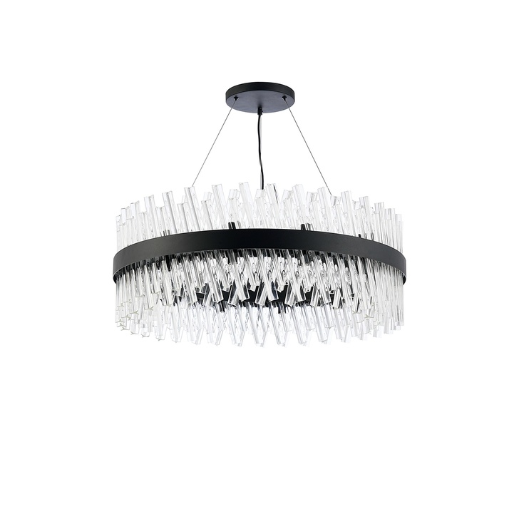 Idolite Caspian 24 Light Round Pendant Satin Black With Clear Glass Rods