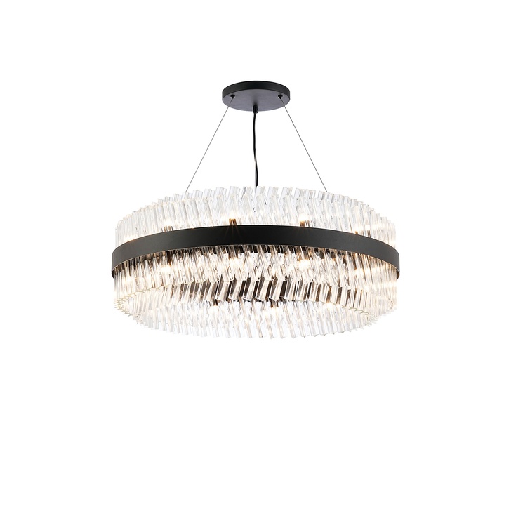 Idolite Caspian 24 Light Round Pendant Satin Black With Clear Glass Rods