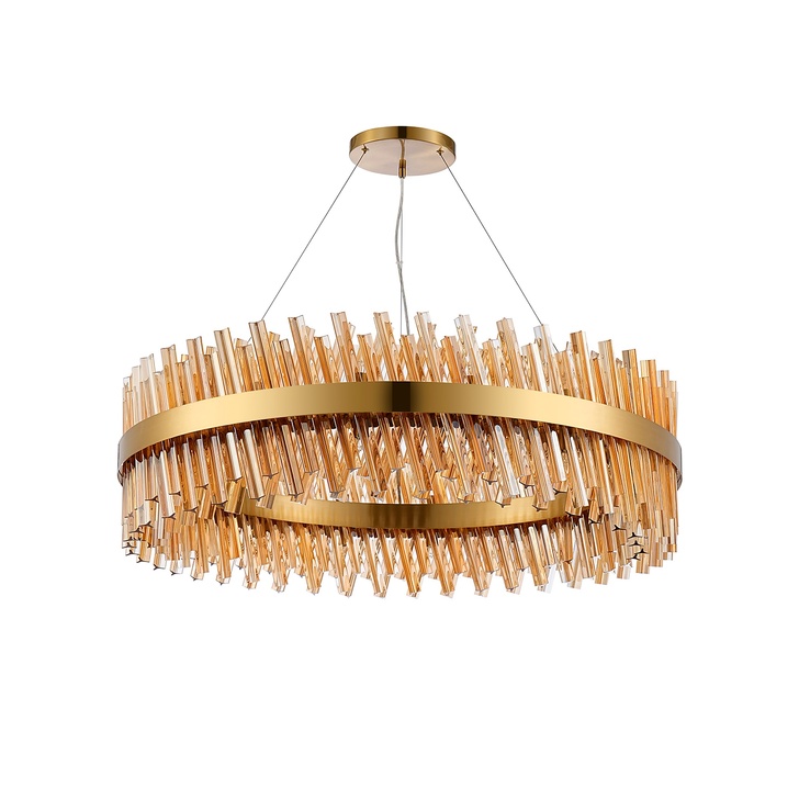 Idolite Caspian 32 Light Round Pendant Brass With Amber Glass Rods