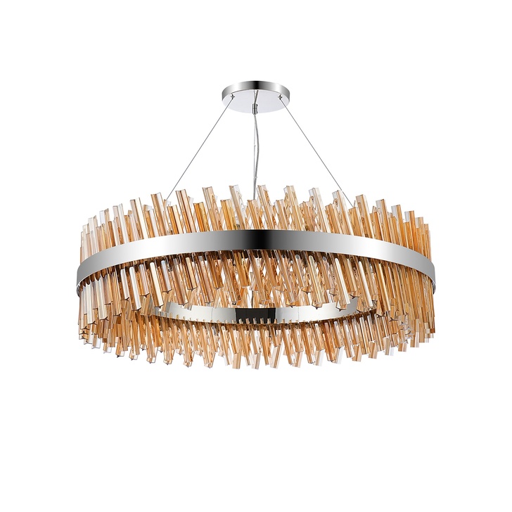 Idolite Caspian 32 Light Round Pendant Polished Nickel With Amber Glass Rods