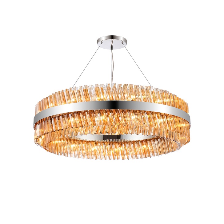 Idolite Caspian 32 Light Round Pendant Polished Nickel With Amber Glass Rods