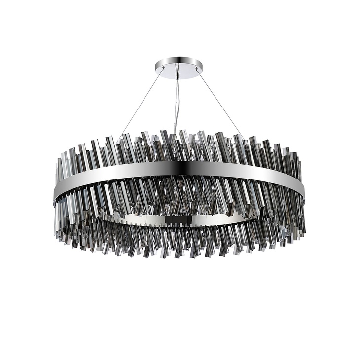 Idolite Caspian 32 Light Round Pendant Polished Nickel With Smoked Glass Rods