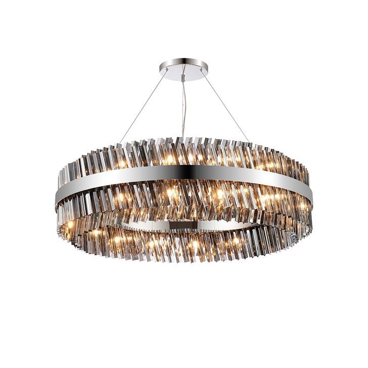 Idolite Caspian 32 Light Round Pendant Polished Nickel With Smoked Glass Rods