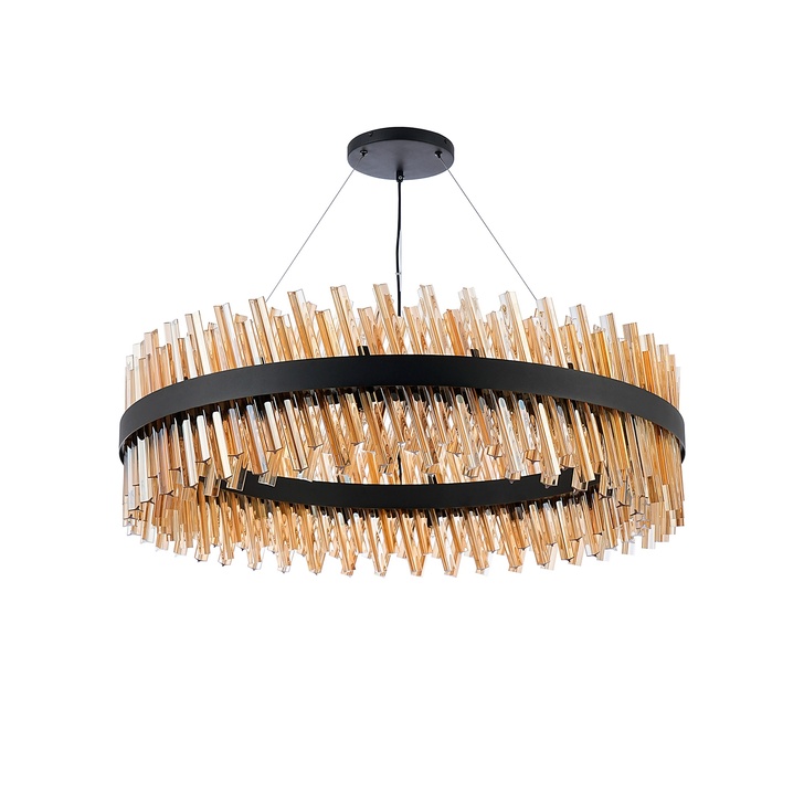 Idolite Caspian 32 Light Round Pendant Satin Black With Amber Glass Rods