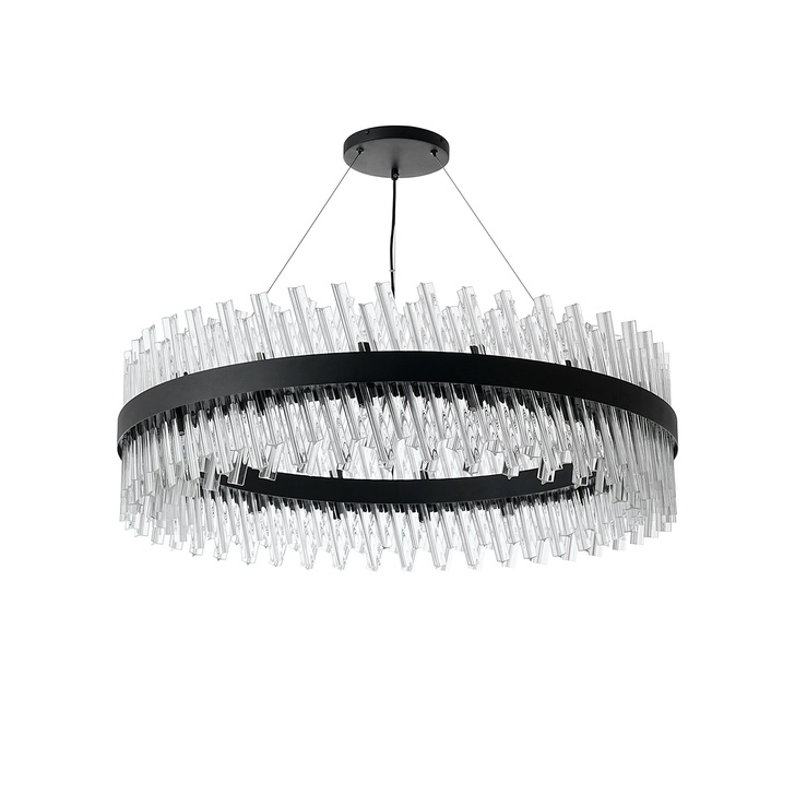 Idolite Caspian 32 Light Round Pendant Satin Black With Clear Glass Rods