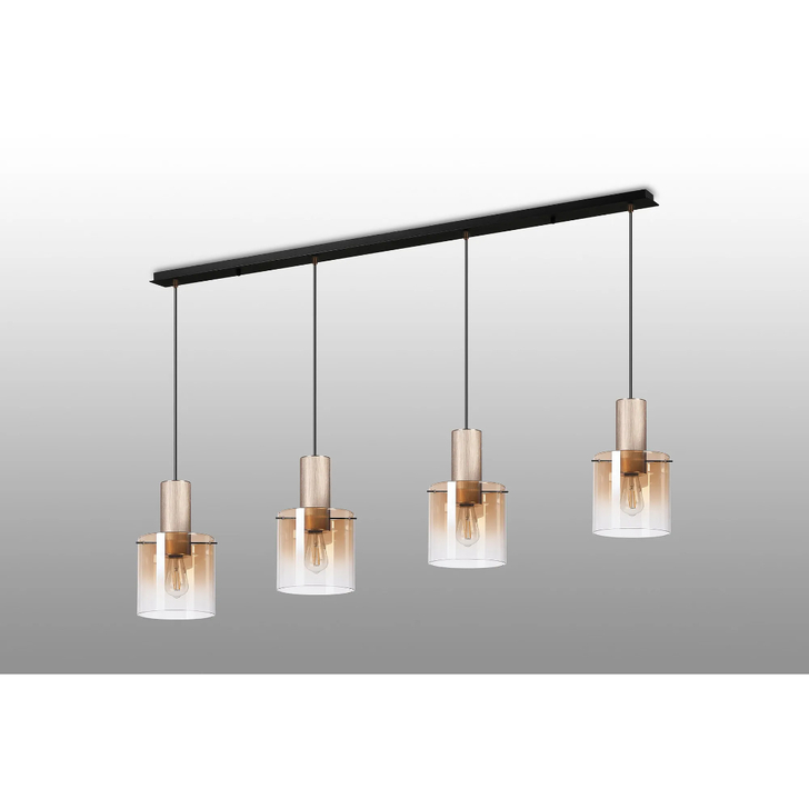 Idolite Crewe 1.5m Linear 4 Light Pendant Titanium Gold/Satin Black With Amber Fade Glass