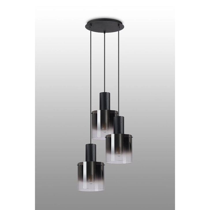 Idolite Crewe 45cm Round 3 Light Cluster Pendant Satin Black With Smoke Fade Glass