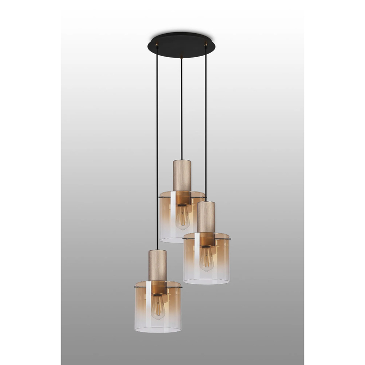 Idolite Crewe 45cm Round 3 Light Cluster Pendant Titanium Gold/Satin Black With Amber Fade Glass