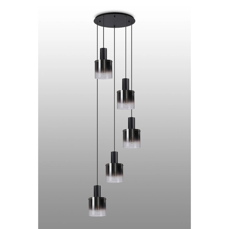 Idolite Crewe 60cm Round 5 Light Cluster Pendant Satin Black With Smoke Fade Glass