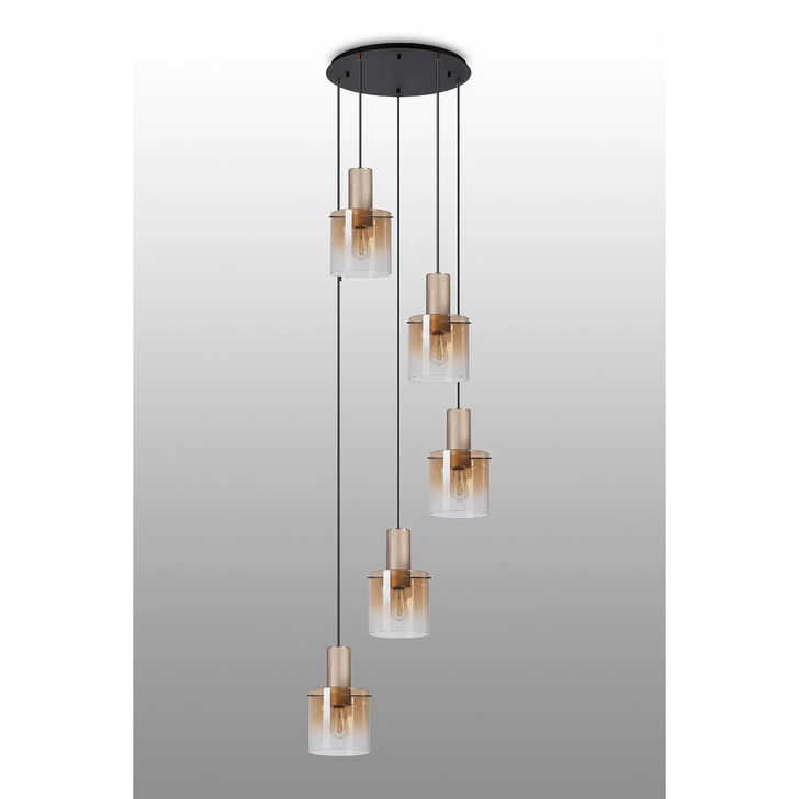 Idolite Crewe 60cm Round 5 Light Cluster Pendant Titanium Gold/Satin Black With Amber Fade Glass